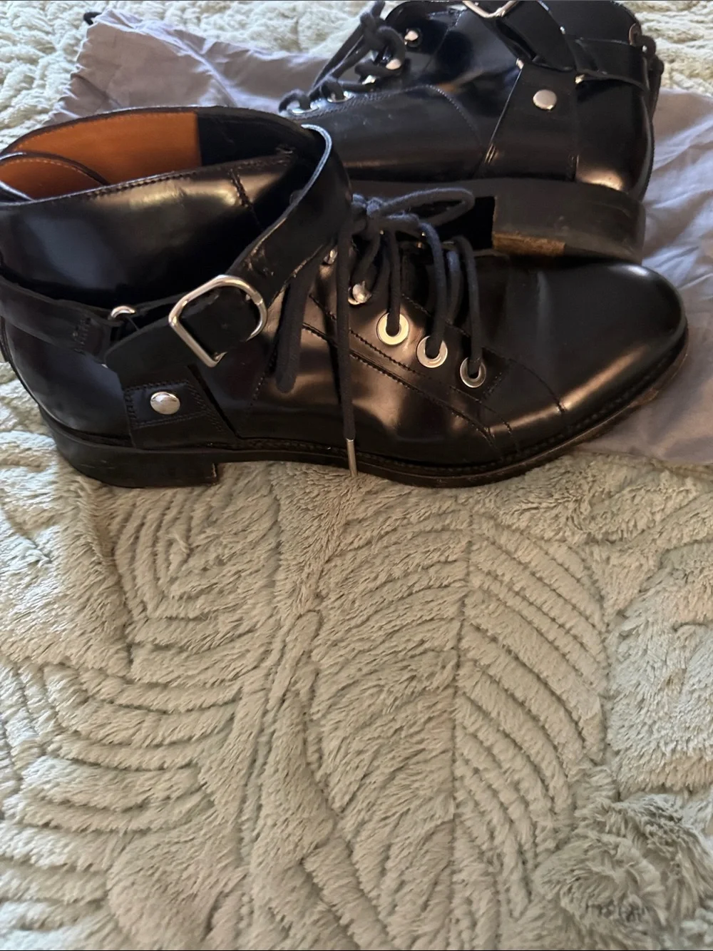 Women’s Black Leather Lace-Up Ankle Boots with Buckle